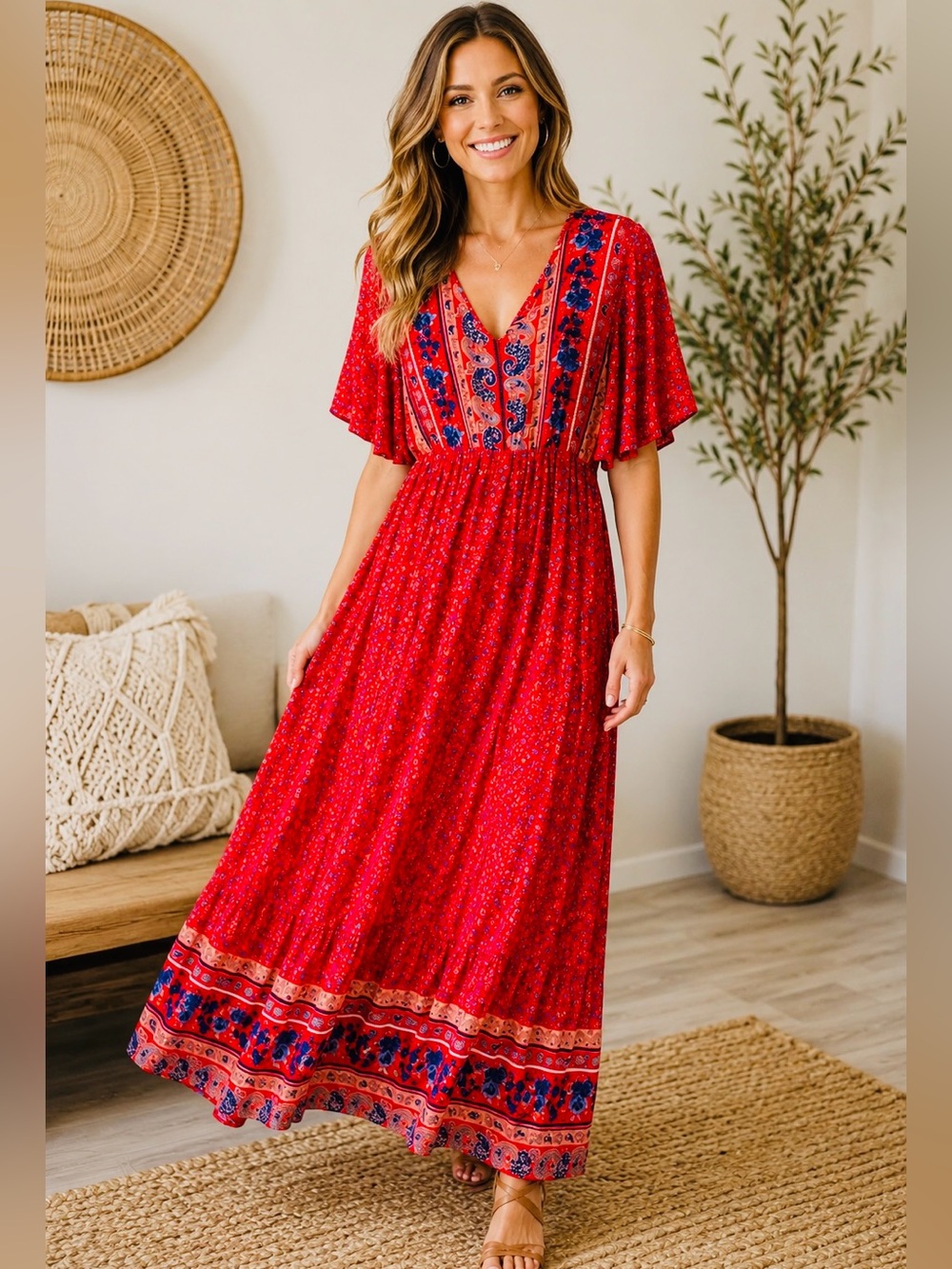 Prettygarden Red Boho Floral Maxi Dress Large Flowy Cottagecore FestivalVacation